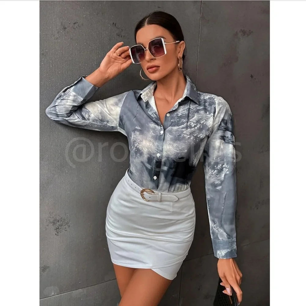 Abstract Marble Print Button Down Collared Long Sleeve Dress Shirt Top Grey - Picture 6 of 7